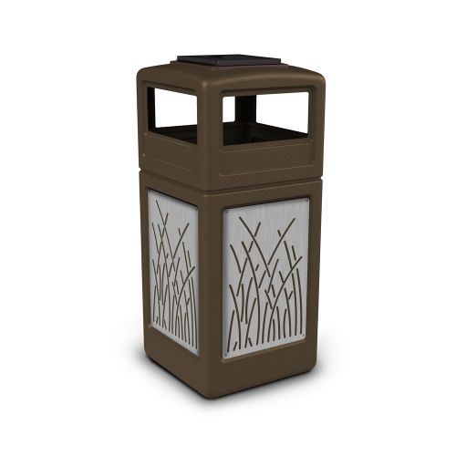 Commercial Zone PolyTec 42 Gallon Trash Container Ashtray Lid, Brown w SS Panels, Reeds
